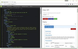 Abbildung 1: Der Yaml-Swagger-Editor ermöglicht den Entwurf eines API direkt im Webeditor, das Beispiel zeigt das Uber-API.