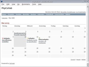 Abbildung 2: Andere Schwerpunkte: PHP Collab zeigt nicht einmal die genaue Anfangzeit eines Termins an. Deutlich sichtbar durch farbige Markierungen sind dagegen die Prioritäten der Aufgaben.