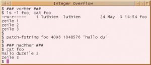 Abbildung 2: Das Ergebnis des Integerüberlaufs in Listing 1. Aus 4096 mal 1048576 Blocks errechnet sich ein Offset von genau 4 GByte. Diese Zahl ist zu groß für den Typ »off_t«. Die höherwertigen Bits gehen verloren, 0 bleibt übrig und das Patchprogramm überschreibt den Dateibeginn.