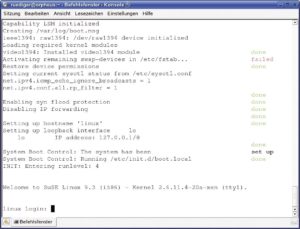 Abbildung 2: Suse 9.3 startet als Domu standardmäßig im Runlevel 4. Den nutzt Suse normalerweise nicht, was Anpassungen der Runlevel in solchen Domains erleichtert, die auch gelegentlich ohne Virtualisierung booten sollen.