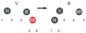 Abbildung 13: Löschen, Fall 3f. Dieses Mal tauschen Bruder und Vater die Farben. Mittelpunkt der darauf folgenden Rotation ist der Vater. Der symmetrische Fall verläuft analog.