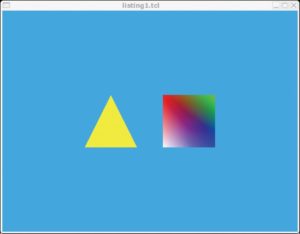 Abbildung 1: Der Skriptcode in Listing 1 erzeugt ein einfaches 3D-Modell, es besteht aus einem einfarbigen Dreieck und einem mehrfarbigen Viereck. Bei diesem simplen Modell ist die dritte Dimension noch nicht erkennbar, außerdem fehlt Bewegung - dafür ist der Programmaufbau recht gut nachvollziehbar.