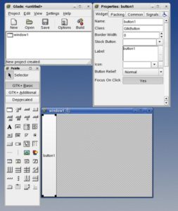 Abbildung 1: Die verschiedenen Fenster von Glade nach dem Erstellen eines neuen GTK-Projekts und dem Erzeugen eines Fensters mit dem Namen »window1«.