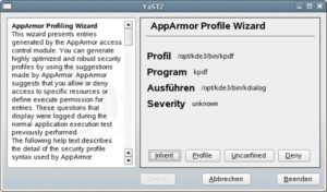 Abbildung 1: Der Profilassistent unterstützt beim Erzeugen von Profilen. Hier will »kpdf« das Hilfsprogramm »kdialog« starten. Der Assistent stellt vier Aktionen zur Wahl, von »Inherit« bis »Deny«.