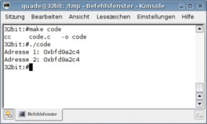 Abbildung 1: Ausgabe des Programms von Listing 1 auf einer 32-Bit-Maschine. Beide Adressen sind wie erwartet identisch.