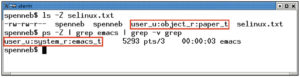 Abbildung 1: SE Linux ordnet allen Dateien und Prozessen einen Security Context zu (hier rot umrahmt). Zusammen mit der Policy leitet sich daraus ab, welche Zugriffe erlaubt sind.