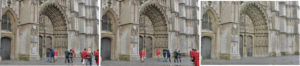 Abbildung 1: Mit Hilfe einer speziellen Montagesoftware verschwinden die Passanten wie von Geisterhand aus einer Szene vor einer Kathedrale.