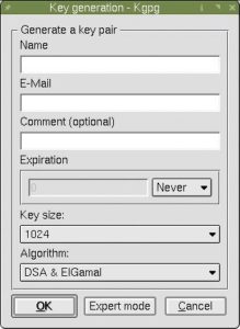 Abbildung 1: KGPG dient als grafisches Frontend zu GPG. In diesem Dialog erzeugt der User einen neuen Schlüssel. Leider orientiert sich die Oberfläche viel zu sehr am Kommandozeilen-Original.