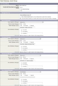 Abbildung 1: Die Ironport C10 steuert die Antiviren-Policy feingliedrig. Die Voreinstellungen für verschlüsselte und nicht scannbare E-Mails sind nicht besonders streng.