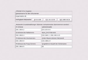 Abbildung 1: Im ersten Dialog richtet der Schulserver Domainname, Netzwerk und DHCP-Server für das System ein.