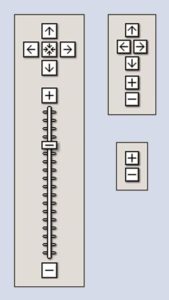 Abbildung 1: Das lange Steuerelement links entspricht dem »GLargeMapControl«, oben rechts »GSmallMapControl« und rechts in der Mitte »GSmallZoomControl«.