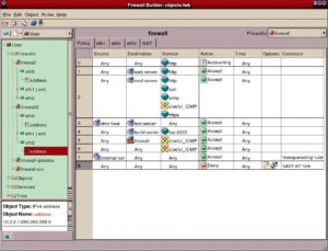 Abbildung 1: Die FW-Builder-Oberfläche sortiert links alle Objekte hierarchisch. Zu sehen sind vier Firewalls, zwei aufgeklappt mit je drei Ethernet-Interfaces. Die Konfiguration des Objekts steht links unten. Den Hauptteil des Fensters nimmt die Policy ein; hier hinein zieht der Admin Objekte aus der Baumdarstellung.