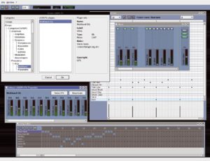Abbildung 1: Viele Audioprogramme unter Linux lassen sich mit LADSPA-Plugins erweitern, sofern der Programmautor dies vorgesehen hat. Der Screenshot zeigt einige Fenster des Drum-Computers Hydrogen. Links oben ist das Fenster zu sehen, das verfügbare Plugins und ihre Parameter auflistet.