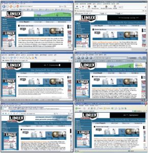 Abbildung 1: Ein Zope-Applikationsserver liefert die Homepage des Linux-Magazins aus. Obwohl HTML alles andere als trickreich ist, rendern die Browser die Seite unterschiedlich. Von links nach rechts und oben nach unten: Firefox, Galeon, Konqueror, Mozilla und Opera unter Suse Linux sowie der Internet Explorer 6 mit Windows XP.