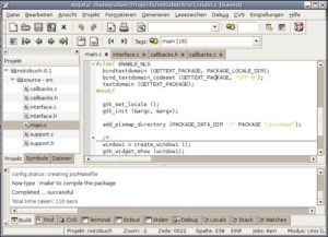 Abbildung 1: Die Gnome-IDE Anjuta ist ein komplexer Sourcecode-Editor, der zum GUI-Design externe Programme heranzieht. Die bereits erhältliche Entwicklungsversion bietet wesentlich mehr Features.