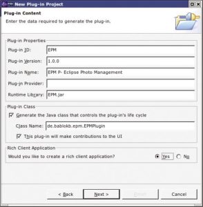 Abbildung 1: Der Wizard für ein neues Plugin verlangt unter anderem die Eingabe der Plugin-ID, des Namens und anderer Metadaten. Im unteren Bereich erlaubt er es, die Rich-Client-Option auszuwählen.