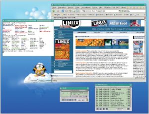 Abbildung 1: Ein X-Server mit dem simplen Windowmanager TWM. Windowmanager nutzen den X-Server, um Fenstern einen Rahmen und die Titelleiste zu verpassen. Obwohl TWM nur sehr wenige Funktionen beherrscht, lässt sich mit ihm bereits angenehm arbeiten.