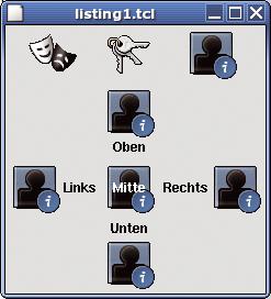Abbildung 1: Der Code in Listing 1 erzeugt drei Bilder, die in der ersten Zeile nebeneinander stehen. Darunter folgen zusammengesetzte Labels, die ein Bild mit Text kombinieren.