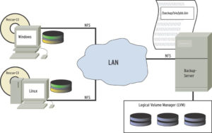 Abbildung 1: Die Rechner im lokalen Netz sichern ihre Partitionen mit Hilfe der gepatchten Sysresc-CD automatisch via LAN auf das LVM-Volume eines NFS-Servers.