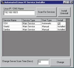 Abbildung 1: Das QCD-GUI sucht auf dem Linux-Server nach Diensten. Installieren meint, den Dienst unter die Kontrolle der NT-Services zu stellen.