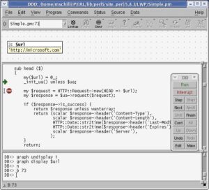 Abbildung 1: Die grafische Oberfläche des DDD integriert den Perl-Debugger.