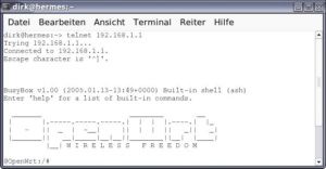 Abbildung 1: Für das erste Login verwenden Sie Telnet, wobei OpenWRT aufgrund der ungeschützten Verbindung überhaupt kein Root-Passwort abfragt.