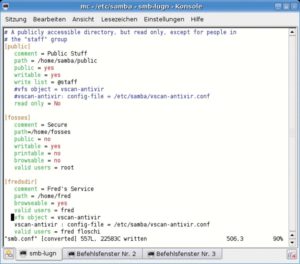 Abbildung 1: Dieses Stück der »smb.conf«-Datei des Testrechners etabliert drei Freigaben - eine öffentliche und zwei mit Authentifizierung.