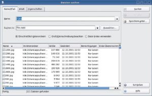Abbildung 1: Das KDE-Programm KFind bietet zwar ein sehr gutes Interface für das Finden von Dateien. Doch an die Flexibilität von Find kommt es nicht heran. Vor allem komplexe Ausdrücke meistert Find besser.