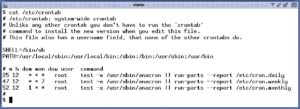 Abbildung 1: Die Datei »/etc/crontab« ist die für das ganze System zuständige Master-Crontab. Meist kommt sie schon vorgefertigt vom Distributor auf den Rechner.