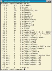 Abbildung 1: Das Kommando »ps ax« zeigt die laufenden Prozesse einer frisch gebooteten Suse 8.2 (hier gekürzt). Kernel-Threads sind an den eckigen Klammern erkennbar.