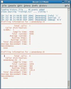 Abbildung 1: Mit dem Logger-Paket sind ausführliche Log-Ausgaben in Tcl einfach erledigt (blau). Auch das Profiling einer Applikation (rot) ist mit dem passenden Modul in wenigen Codezeilen erledigt (Listing 1).