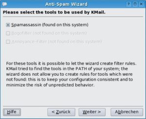 Abbildung 1: KMails Antispam-Wizard spürt installierte Spamfilter-Tools auf und richtet für diese Filter ein.