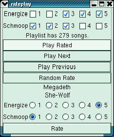 Abbildung 1: Hier spielt Rateplay nur Songs mit den Energize-Werten drei bis fünf und Schmoop eins bis drei ab. Im Moment dröhnt ein Heavy-Metal-Song aus den Lautsprechern, mit einem Energize-Level von fünf und einem Schmoop-Wert von eins.