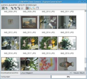 Abbildung 1: Das Programm Digikam baut per PTP eine Verbindung zur Digitalkamera auf und zeigt Thumbnails aller Fotos an. Die Handhabung ist sehr einfach, auch wenig erfahrene Benutzer haben kaum Probleme.