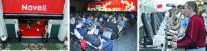 Abbildungen 1 bis 3: Rote Novell-Fahnen dominieren das Kongresszentrum (links). Ein gut gefüllter Saal bei der Keynote Session mit durch das allgegenwärtige WLAN etwas abgelenkten Zuschauern (Mitte). Die in den Gängen aufgestellten PCs liefen mit Linux und dem Ximian-Desktop (rechts).