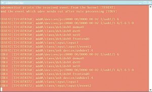 Abbildung 1: Die Aktionen von Udev während des Hotplugging zeichnet das Tool »udevmonitor« auf, hier protokolliert es, was beim Anstecken eines USB-DVB-Empfängers passiert.