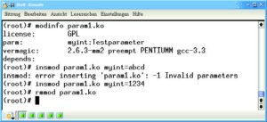 Abbildung 1: Der Versuch, mit »insmod« das Beispiel aus Listing 1 in den laufenden Kernel zu laden, funktioniert nur, wenn der Parameter innerhalb des definierten Wertebereichs liegt. 