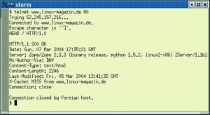 Abbildung 1: Per Telnet-Kommando sprechen Admins direkt mit ihren Servern: Die Eingabe »HEAD / HTTP/1.0« - gefolgt von einer Leerzeile - entlockt dem Apache Informationen über die Linux-Magazin-Homepage.