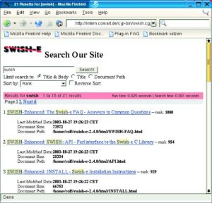 Abbildung 1: Swish-E verbindet Indizierer und Suchmaschine. Hier sucht jemand über das Webinterface das Wort »Swish« innerhalb der Swish-E-Dokumentation.