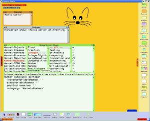 Abbildung 1: Transcript-Fenster, Workspace und Klassenbrowser auf Squeaks bunter Oberfläche.