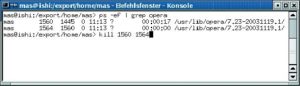 Abbildung 1: Der Benutzer »mas« sucht mit »ps« und »grep« nach Opera-Prozessen und fordert sie mit »kill PID« dazu auf, sich zu beenden.