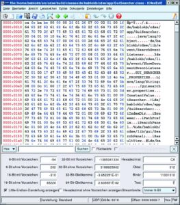 Abbildung 1: Der Hex-Editor zeigt den Anfang des kompilierten Java-File, also der Bytecode-Datei zur Klasse »GuiSearcher«.