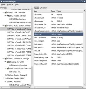 Abbildung 1: Der »hal-device-manager« (Gerätemanager) zeigt die Eigenschaften jedes Geräts, hier ein logisches Alsa-Device für Aufnahmen (Capture).