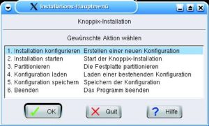 Abbildung 1: Das Skript »knoppix-installer« fördert ein grafisches Installationsprogramm zu Tage, um das originale Knoppix von der CD auf die Platte zu kopieren und zu installieren.