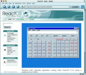 Abbildung 1: Die Website des Windows-NT-kompatiblen React OS beweist: Der Taschenrechner von Windows 2000 lässt sich mit dem System bereits nutzen.