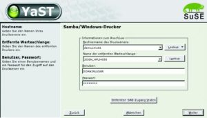 Abbildung 1: Yast erlaubt die Einrichtung eines Cups-Druckers auch für Windows-Warteschlangen - aber nur mit fest verdrahteten Benutzerdaten.