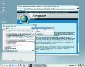 Abbildung 1: Kdcop (links) ist eine grafische Oberfläche für DCOP-Operationen. Der Benutzer hat in diesem Beispiel die Methode »createNewWindow()« (linkes Fenster) durch Doppelklick ausgewählt. Im daraufhin erscheinenden Fenster (Vordergrund Mitte) gibt er die URL ein, die Konqueror in einem neuen Fenster öffnet.