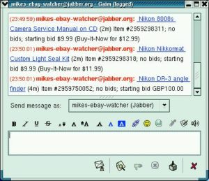 Abbildung 1: Ein Perl-Agent meldet pünktlich drei Ebay-Auktionen, die in wenigen Minuten beendet sein werden. Der Anwender hat den Agenten nach bestimmten Suchbegriffen auf dem Ebay-Server suchen lassen.