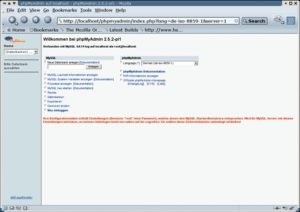 Abbildung 1: Der PHP-MyAdmin-Dialog nach dem ersten Aufruf. Die Warnung mahnt ein neues Passwort an. 