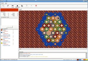 Abbildung 1: Gnocatan ist die Computervariante des beliebten Brettspiels "Die Siedler von Catan". Links unten sind alle Spieler aufgelistet, darüber die Versorgungskarten und ganz oben sieht der Spieler seine Ressourcen.